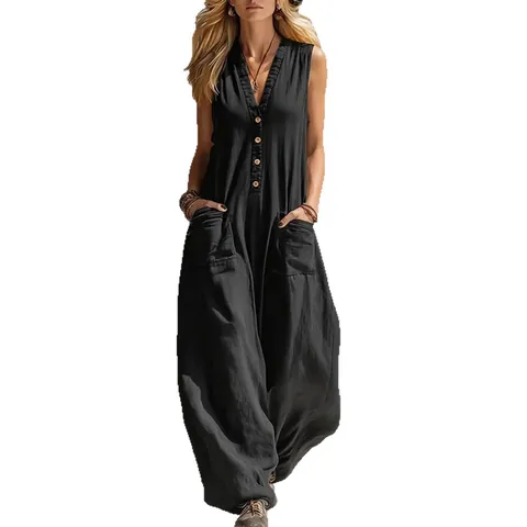 Mono Casual sin Mangas con Cuello en V para Mujer de Pierna Ancha de Poliéster de Punto con Bolsillos y Botones de Madera Verano Top And Bottom