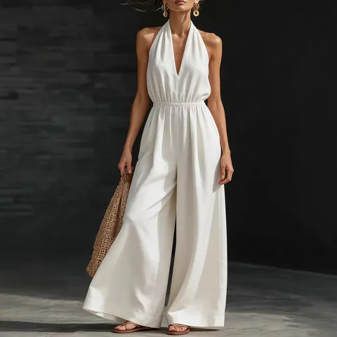 Women Halter Neck V-Neck Sleeveless Jumpsuit Elegant Polyester Wide Leg Backless Jumpsuit Summer French Style Office Romper