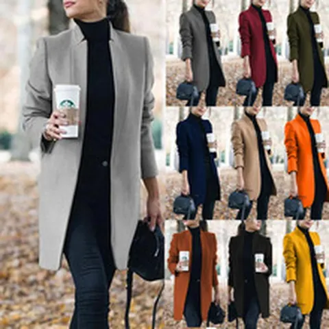 Dames Herfst Winter Half Lange Wollen Jas Opstaande Kraag Slim Fit Effen Kleur Polyester Wolmix Elegante Stedelijke Jas Top