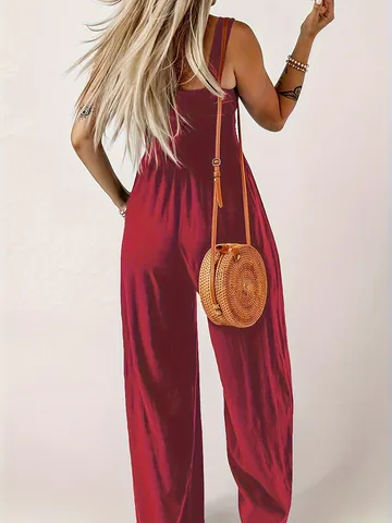 Tuta Intera da Donna Elegante in Poliestere con Top a Punto Smock Vita Alta Gamba Larga Minimalista Tinta Unita Top And Bottom