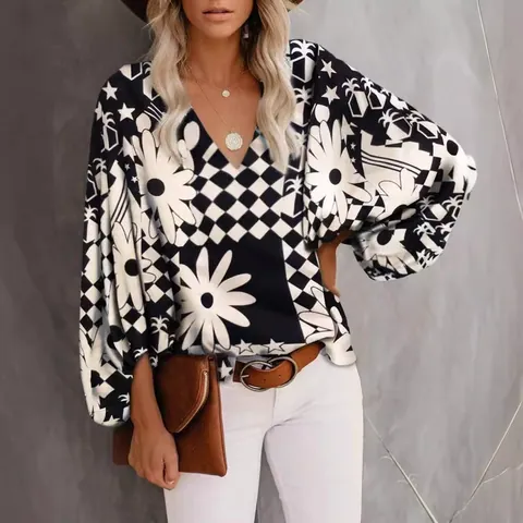 Women V Neck Lantern Sleeve Floral Print Blouse Loose Casual Polyester Long Sleeve Top Printed Fashion Pullover Shirt