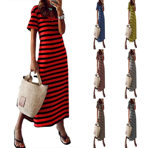 Damen V-Ausschnitt Kurzarm Gestreiftes Maxikleid Seitenschlitz Locker Lässig Sommer Strand Langes Top Und Bottom Kleid