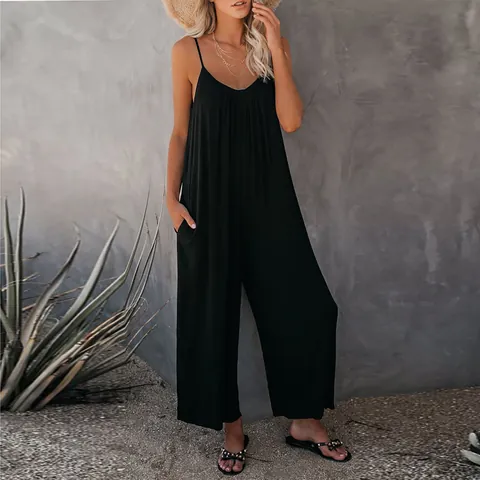 Damen Lässig Einfarbig Ärmellos Jumpsuit V-Ausschnitt Träger Weites Bein Jumpsuit Mit Taschen Locker Sommer Jumpsuit