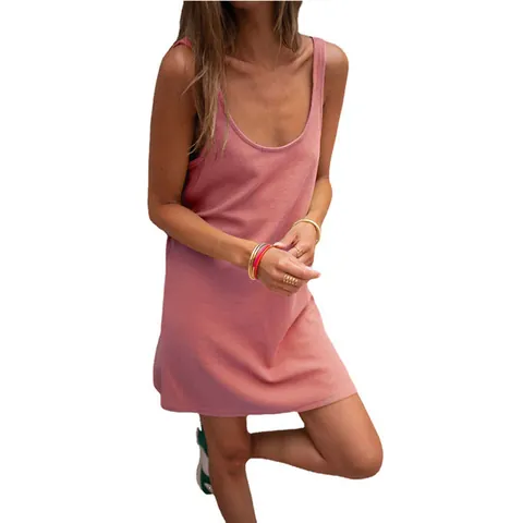 Women Waffle Texture Sleeveless Loose Camisole Dress Solid Color Casual Mini Dress Summer Beach Backless Top And Bottom