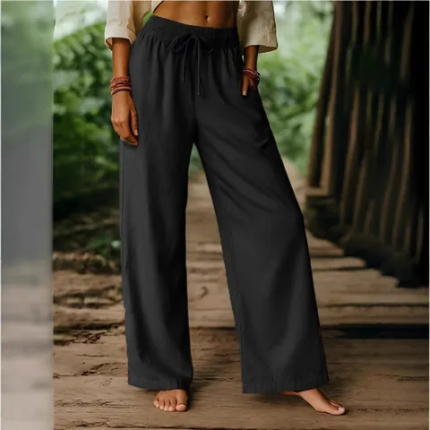Women's Elegant Casual Polyester Wide Leg Pants High Waist Drawstring Solid Color Loose Straight Ankle Length Trousers