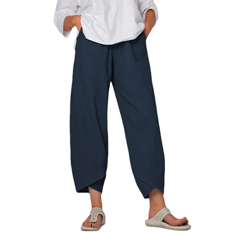 Women Cotton Linen Wide Leg Pants High Waist Elastic Casual Nine-Point Pants Solid Loose Tulip Hem Trousers Plus Size Bottom