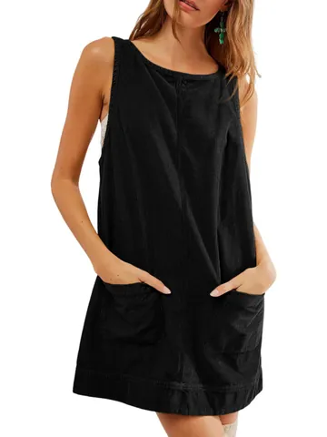 Women Casual Corduroy Sleeveless Pinafore Dress Solid Color Round Neck Mini Tank Dress With Pockets Vacation Style Clothing