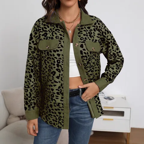 Women Casual Leopard Print Corduroy Jacket Loose Single Breasted Long Sleeve Turndown Neck Coat Plus Size Outerwear Top
