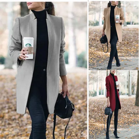 Dames Europese Mode Effen Kleur Opstaande Kraag Wollen Jas Gebreide Lange Bovenkleding Open Voorkant Elegante Jas Herfst Winter