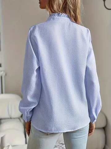 Women Elegant Striped Ruffle Long Sleeve Blouse Single Breasted Stand Collar Patchwork Cotton Polyester Shirt Work Top