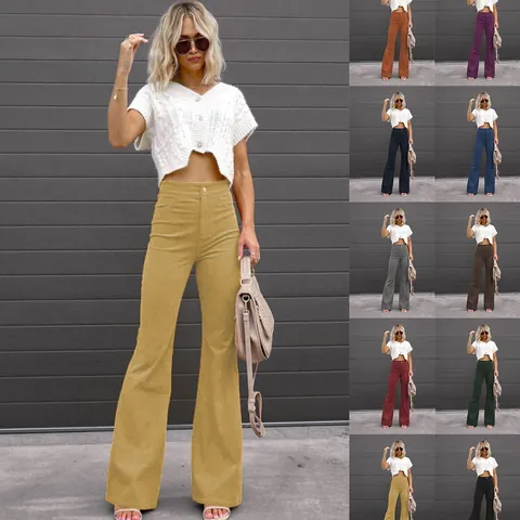 Women High Waist Corduroy Flare Pants Solid Color Streetwear Casual Long Trousers Bottom