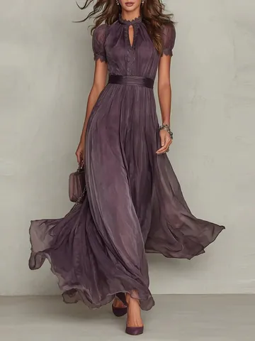 Women Elegant V-Neck Sleeveless Maxi Dress Slim Fit Solid Color Ruffle Hem Pleated Long Dress With Lace Decor For Banquet Dating