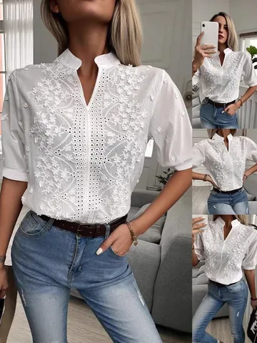 Women Cotton Stand Collar V-Neck Floral Embroidered Blouse Elegant Lace Hollow Short Sleeve Shirt Top Casual Office Summer Clothing