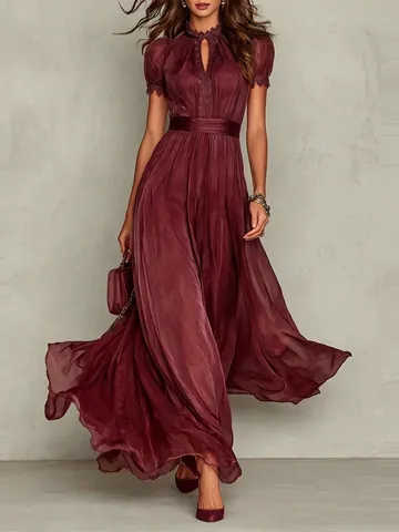 Women Elegant V-Neck Sleeveless Maxi Dress Slim Fit Solid Color Ruffle Hem Pleated Long Dress With Lace Decor For Banquet Dating