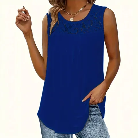 Damen Ärmellos Tank Top Sexy Spitze Splicing Rundhals Falten Lässig Einfarbig Lose Passform Sommer Urlaub Bluse Tops