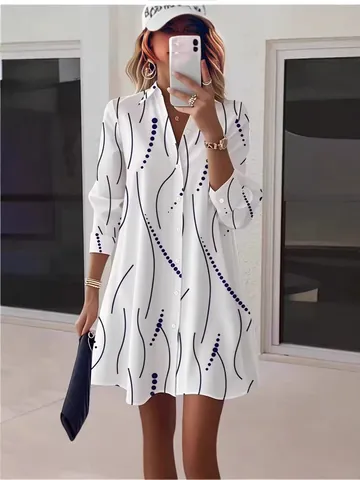 Robe Chemise Élégante à Imprimé Pois pour Femmes Manches Longues Revers Boutonné Robe Midi Décontractée Ample Ligne A Fashion Streetwear