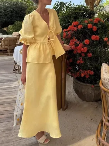 Γυναικείο Casual Σετ Δύο Τεμαχίων Βαμβακερό Πολυεστέρα Λαιμόκοψη V Φουσκωτά Μανίκια Μπλούζα με Κορδόνια Μάξι Φούστα Ψηλή Μέση