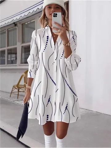 Robe Chemise Élégante à Imprimé Pois pour Femmes Manches Longues Revers Boutonné Robe Midi Décontractée Ample Ligne A Fashion Streetwear