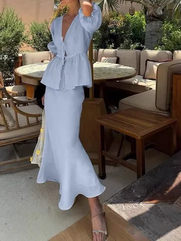 Γυναικείο Casual Σετ Δύο Τεμαχίων Βαμβακερό Πολυεστέρα Λαιμόκοψη V Φουσκωτά Μανίκια Μπλούζα με Κορδόνια Μάξι Φούστα Ψηλή Μέση