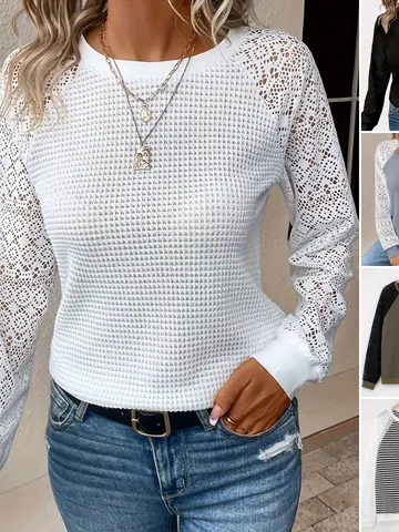 Dames Casual Ronde Hals Lange Mouwen T-Shirt Kant Opengewerkt Patchwork Wafelgebreid Polyester Top Lente Zomer Mode