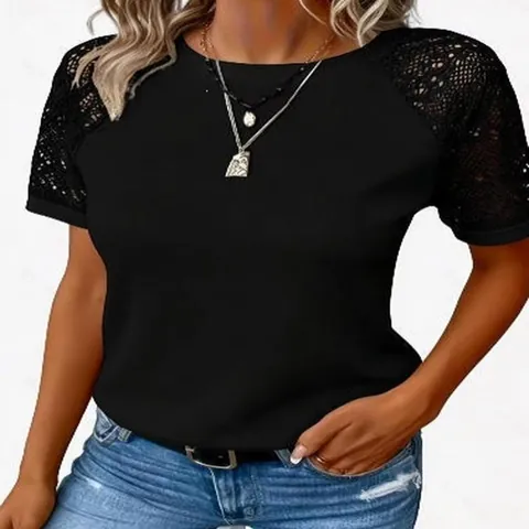 Dames Casual Ronde Hals Lange Mouwen T-Shirt Kant Opengewerkt Patchwork Wafelgebreid Polyester Top Lente Zomer Mode