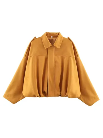 Veste Bomber en Suédine pour Femmes Vintage Revers Fermeture Éclair Oversized Veste Aviateur Manteau Court Avec Épaulettes Streetwear Casual Sortie Top