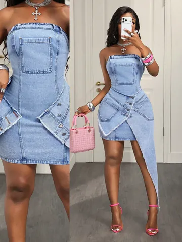 Women Streetwear Washed Denim Strapless Bodycon Dress Asymmetric Raw Hem Cargo Pockets Casual Mini Jean Dress For Party