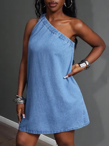 Women's One-Shoulder Denim Mini Dress Summer Sexy Washed Blue Cotton Blend A-Line Casual Sleeveless Fashion Dress
