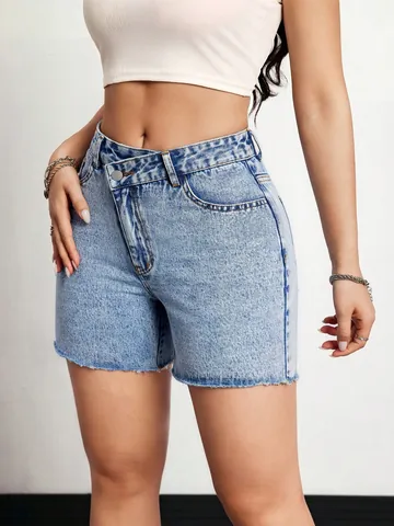 Women Fashion Cross Waist Denim Shorts High Waisted Raw Hem Jean Shorts Casual Cotton Summer Bottoms Streetwear For Ladies