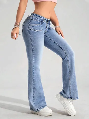 Vaqueros Acampanados para Mujer Alta Elasticidad Cintura Baja Denim Lavado Pantalones de Campana Algodón Elastano Slim Fit Casual