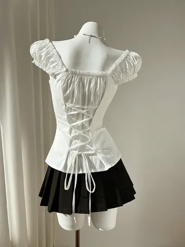 Women Sweet Puff Sleeve Shirt Lace-up Back Slim Fit Polyester Blouse Top Square Neck Ruffle Short Sleeve Fashion Shirt