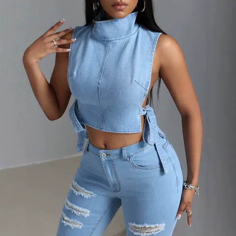 Haut Crop en Denim Sexy pour Femmes Sans Manches Col Montant Dos Nu Ajouré Streetwear Mode Été Débardeur pour Femmes