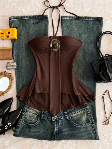 Top de Tirantes Vintage con Cuello Halter y Cordones para Mujer Sexy Sin Mangas Espalda Descubierta Dobladillo con Volantes Gema Verano