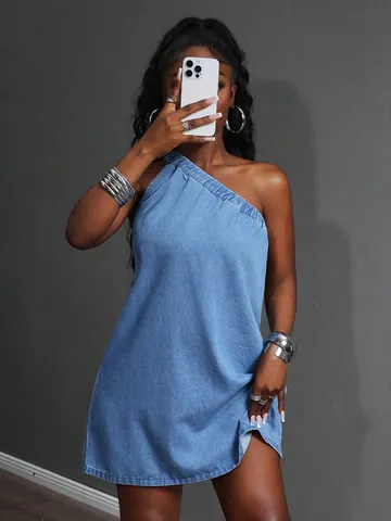 Women's One-Shoulder Denim Mini Dress Summer Sexy Washed Blue Cotton Blend A-Line Casual Sleeveless Fashion Dress