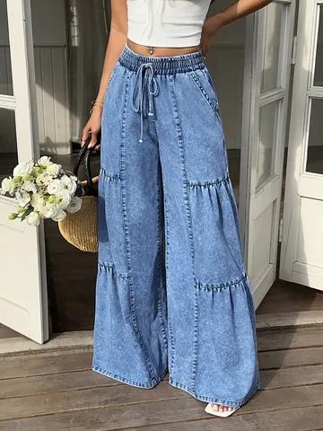 Pantalones Vaqueros de Mezcla de Algodón Casual para Mujer Pierna Ancha Escalonada Cintura Baja con Cordón Denim Azul Lavado