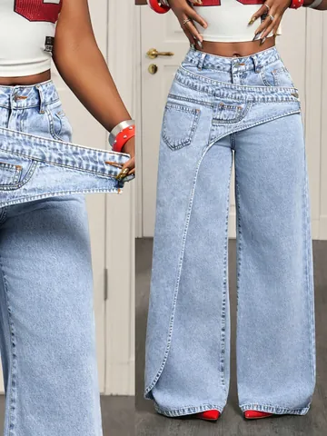 Women High Waist Wide Leg Jeans Asymmetric Waistband Design Denim Pants Loose Straight Casual Washed Blue Streetwear Trouser