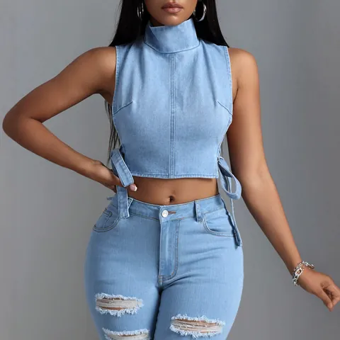 Haut Crop en Denim Sexy pour Femmes Sans Manches Col Montant Dos Nu Ajouré Streetwear Mode Été Débardeur pour Femmes