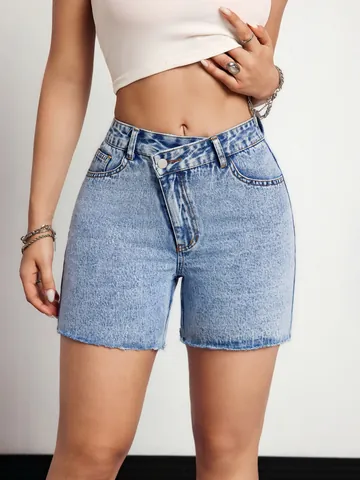 Women Fashion Cross Waist Denim Shorts High Waisted Raw Hem Jean Shorts Casual Cotton Summer Bottoms Streetwear For Ladies