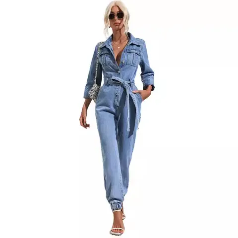 Women's Casual Cotton Denim Long Sleeve Jumpsuit Fashion Lapel Button Tie Waist Slim Fit Top And Bottom For Commuting Streetwear