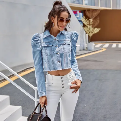 Women Puff Sleeve Denim Jacket Lapel Button Up Cropped Jean Coat Frayed Hem Long Sleeve Top Outerwear