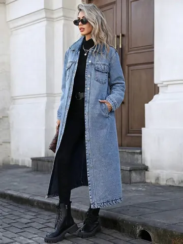 Women Long Denim Jacket Oversized Washed Distressed Trench Coat Single Breasted Lapel Outerwear Fashion Streetwear Top