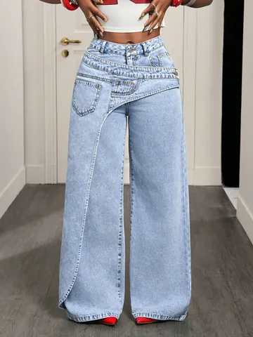 Damen Casual Asymmetrische Hohe Taille Weites Bein Jeans Gewaschene Gerade Denim Hose Streetwear Baumwollmischung Mode Unterteile