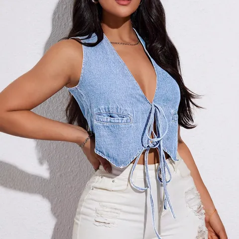 Women Sexy Deep V-Neck Denim Vest Top Sleeveless Washed Lace-Up Crop Denim Waistcoat Summer Fashion Tank Top For Women