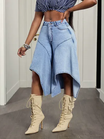 Women Irregular Hem Wide Leg Denim Jeans Washed Low Waist Streetwear Casual Cotton Blend Bottom Pants Culottes