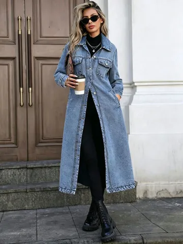 Women Long Denim Jacket Oversized Washed Distressed Trench Coat Single Breasted Lapel Outerwear Fashion Streetwear Top