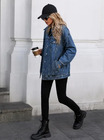 Women Retro Oversized Denim Jacket Washed Distressed Long Sleeve Lapel Top Denim Coat Outerwear For Women