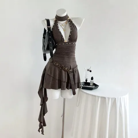 Women's Sexy Halter Sleeveless Mini Dress Beaded Ruched Ruffle Hem Bodycon Dress Backless Summer Elegant Party Outfits Dress