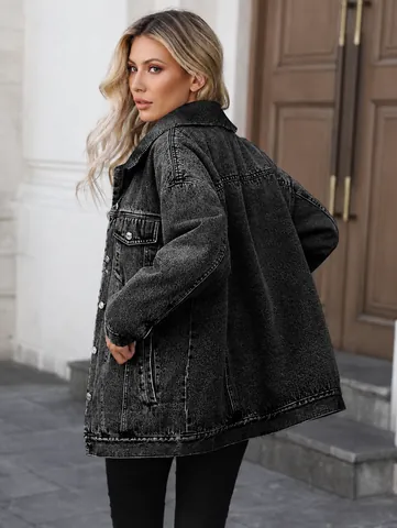 Women Retro Oversized Denim Jacket Washed Distressed Long Sleeve Lapel Top Denim Coat Outerwear For Women