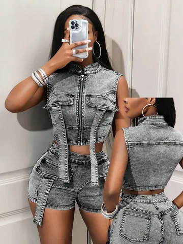 Women Sexy Denim Top And Bottom Set Acid Wash Sleeveless Zip Up Vest Crop Top With Cargo High Waisted Shorts Streetwear