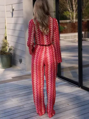 Conjunto de Dos Piezas de Punto de Ganchillo para Mujer Camiseta de Manga Larga y Pantalones de Pierna Ancha